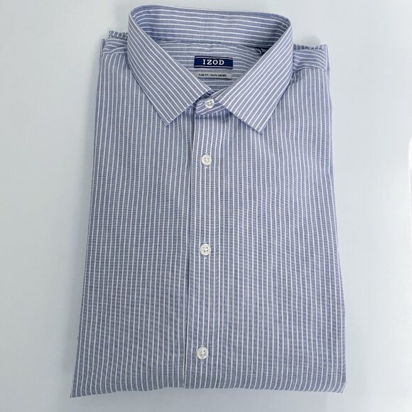 Izod - Men's White & Blue Pinstripe Button Dress Shirt - Picture 2 of 6